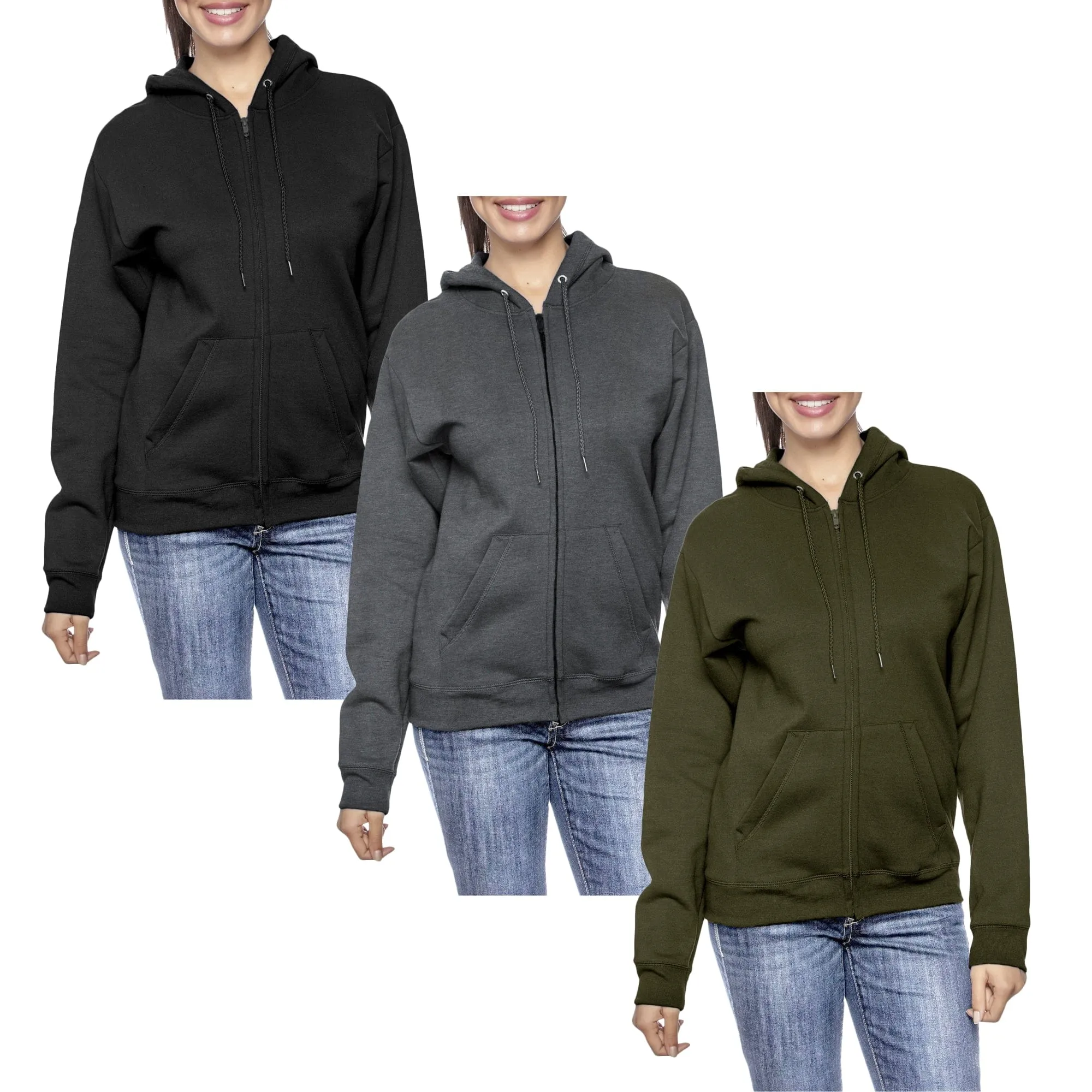 [3-Pack] Women’s Oversized Loose-Fit Fleece-Lined Full-Zip Hoodie