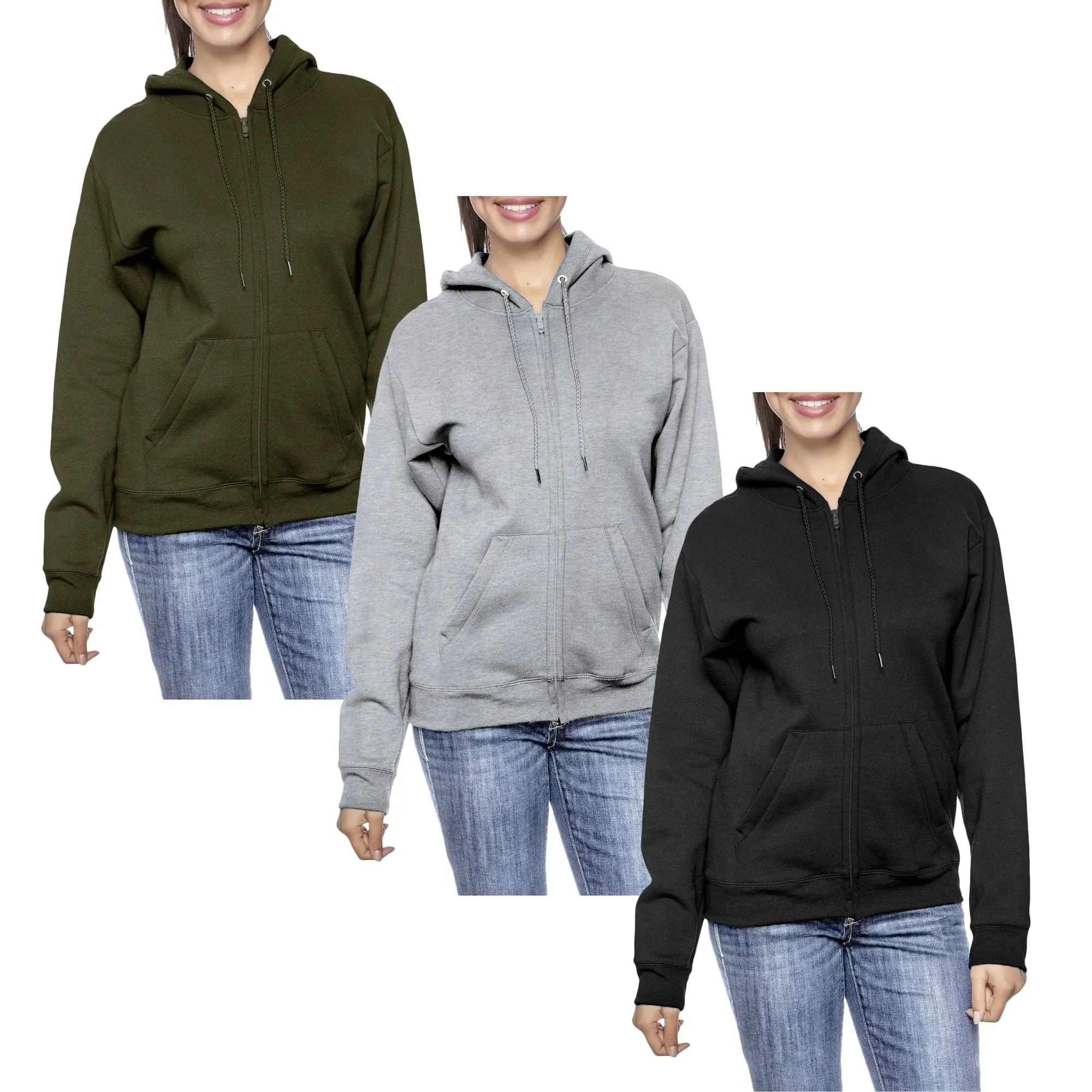 [3-Pack] Women’s Oversized Loose-Fit Fleece-Lined Full-Zip Hoodie