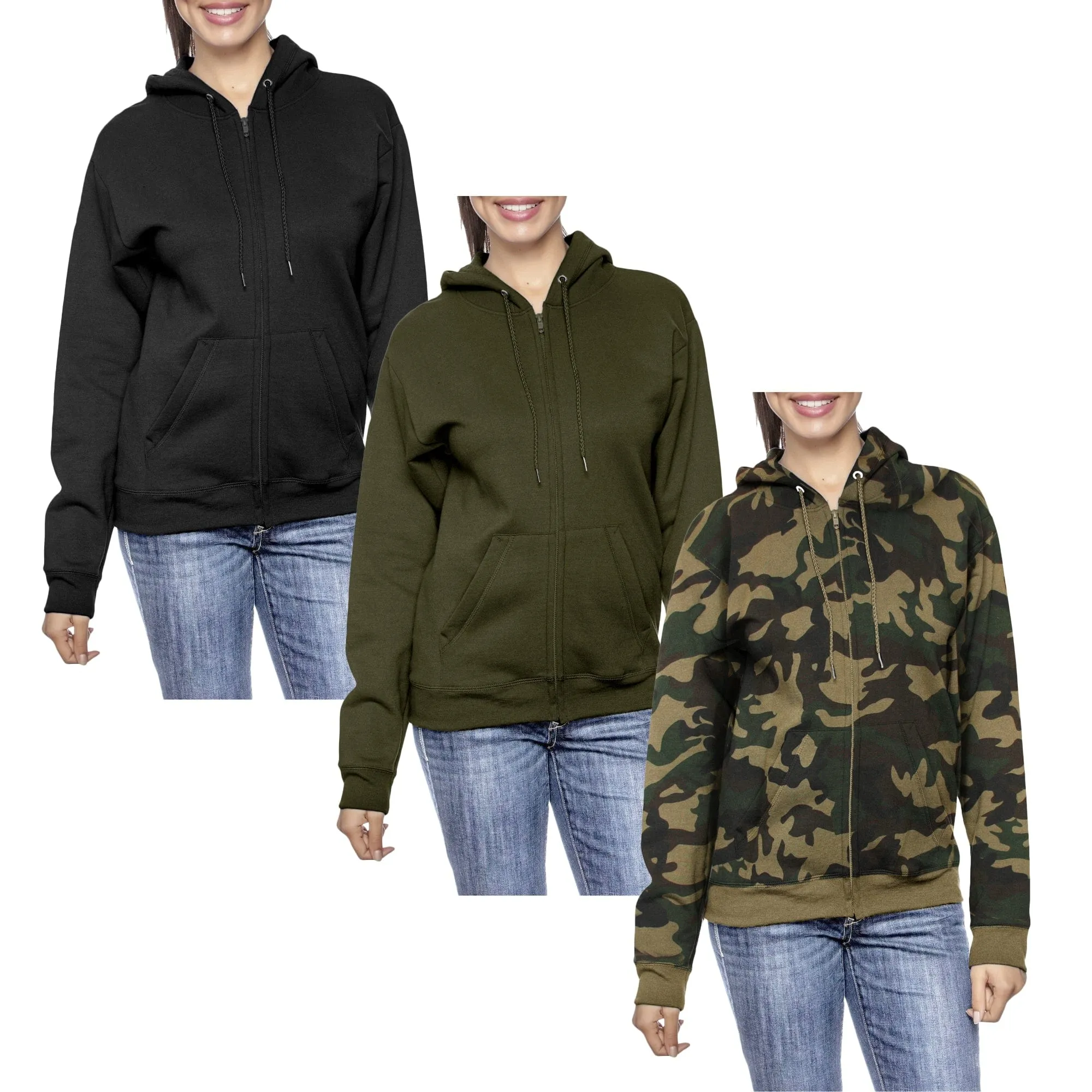 [3-Pack] Women’s Oversized Loose-Fit Fleece-Lined Full-Zip Hoodie