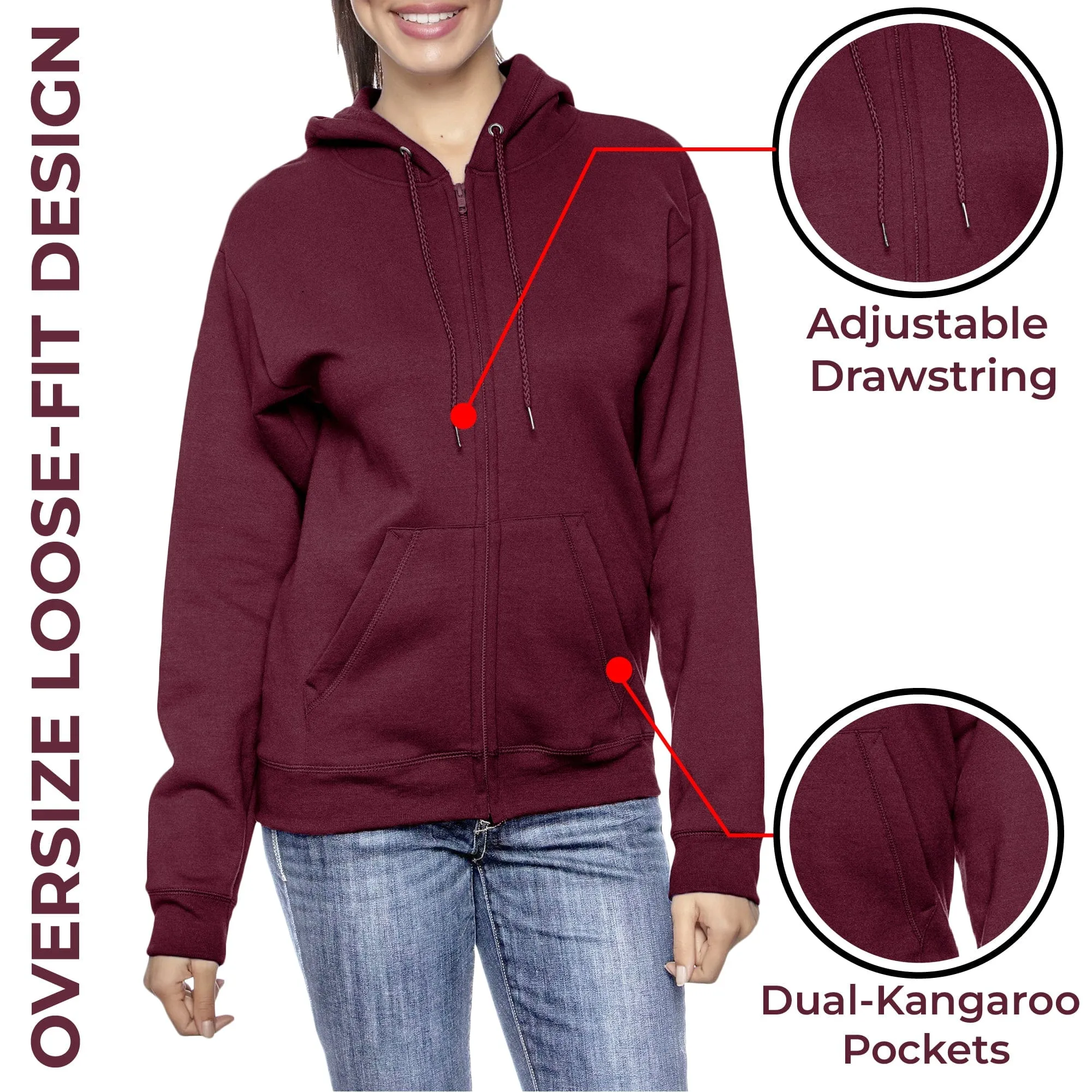 [3-Pack] Women’s Oversized Loose-Fit Fleece-Lined Full-Zip Hoodie