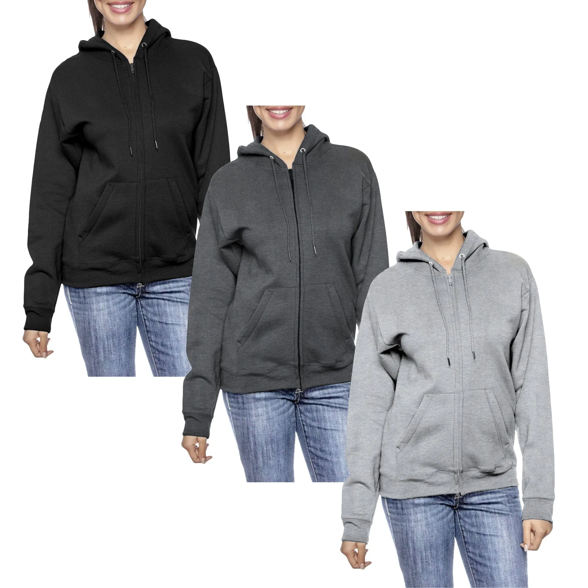 [3-Pack] Women’s Oversized Loose-Fit Fleece-Lined Full-Zip Hoodie