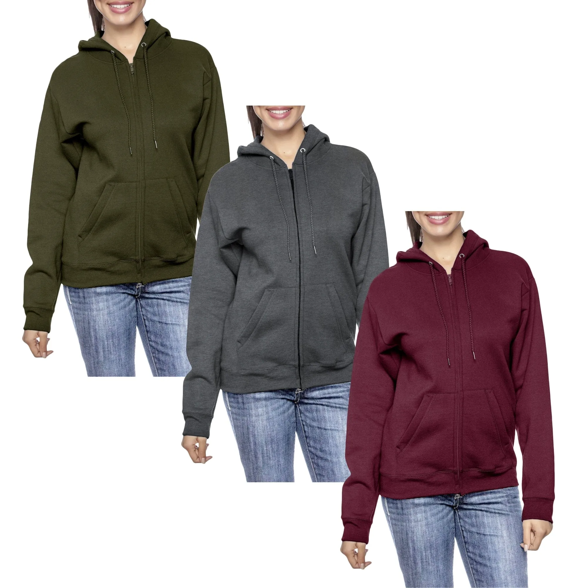 [3-Pack] Women’s Oversized Loose-Fit Fleece-Lined Full-Zip Hoodie