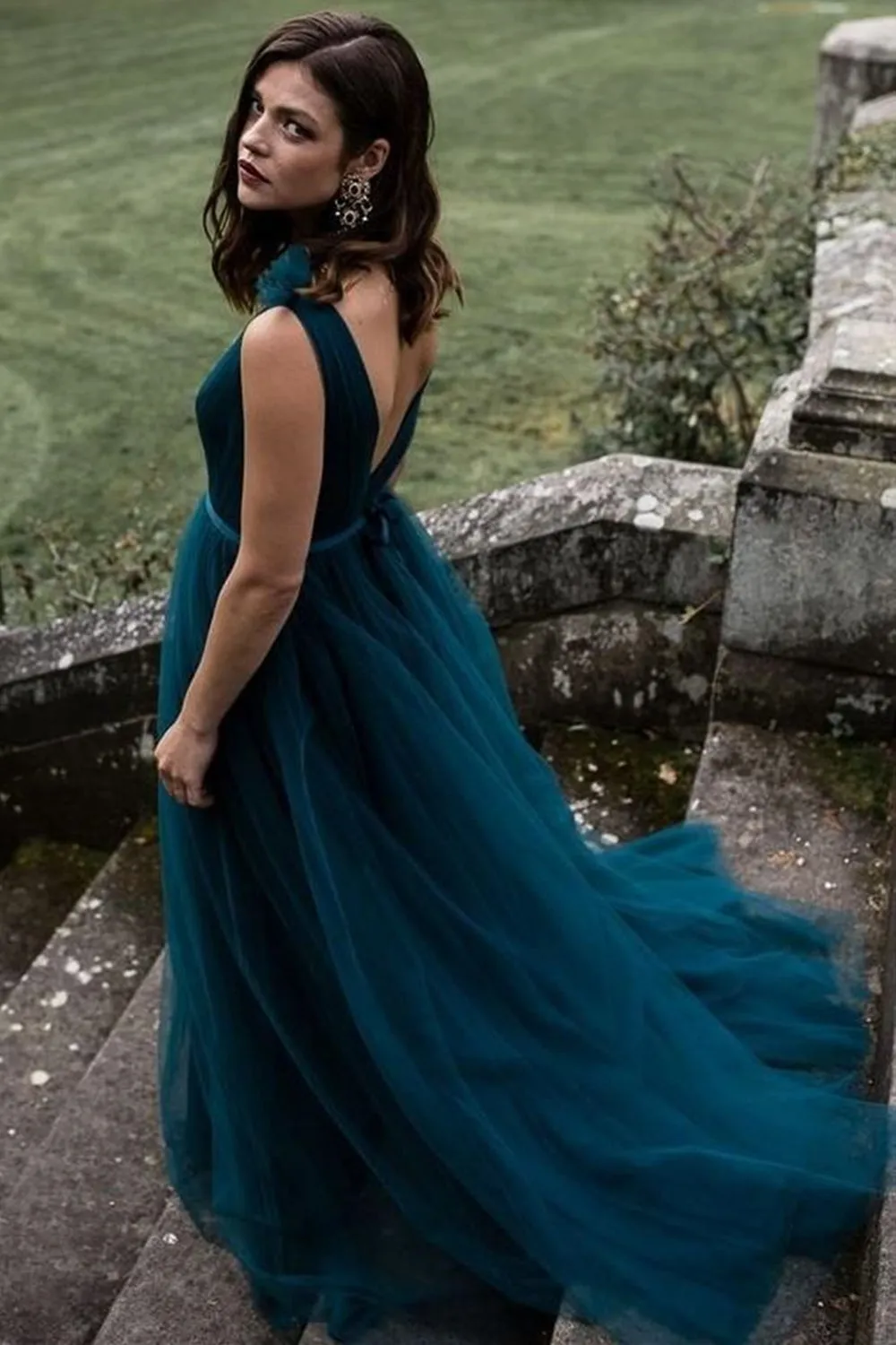 A Line V Neck and V Back Peacock Blue Long Prom Dress, V Neck Open Back Peacock Blue Formal Evening Dress