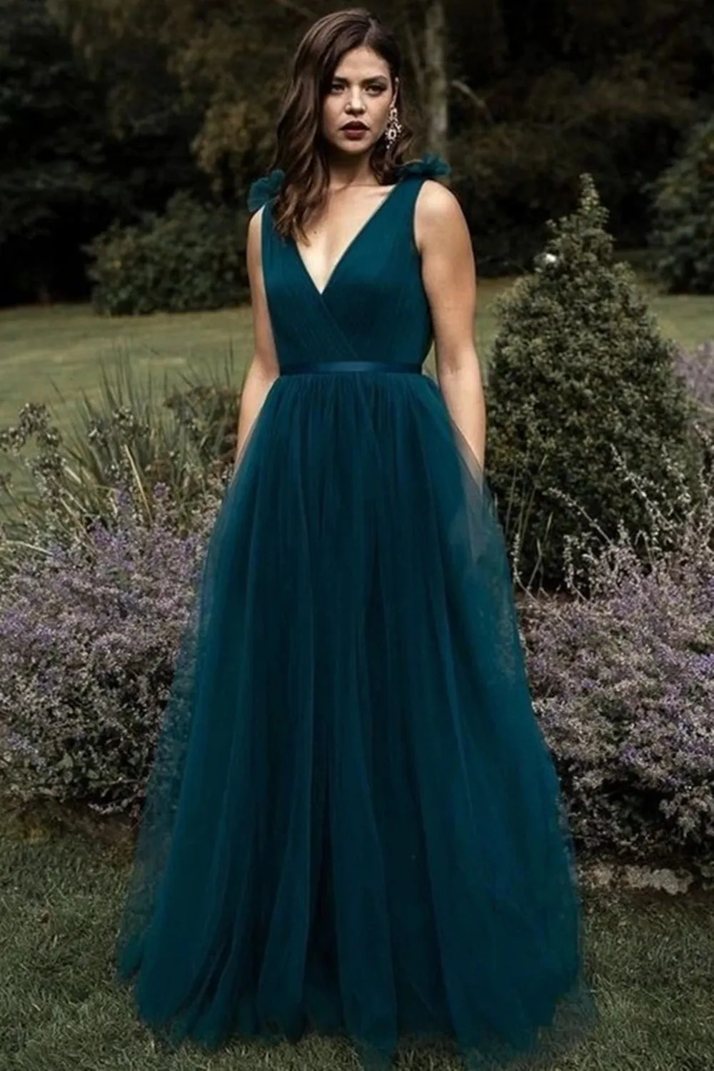 A Line V Neck and V Back Peacock Blue Long Prom Dress, V Neck Open Back Peacock Blue Formal Evening Dress