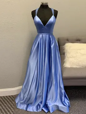 A Line V Neck Backless Blue Long Prom, Open Back Blue Formal Graduation Evening