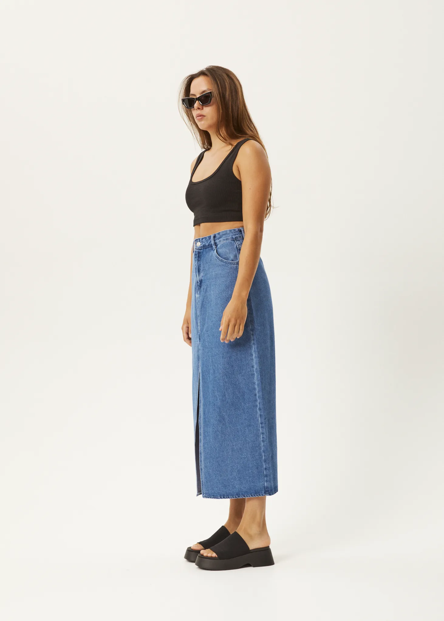 AFENDS Womens Ayla - Denim Maxi Skirt - Worn Blue