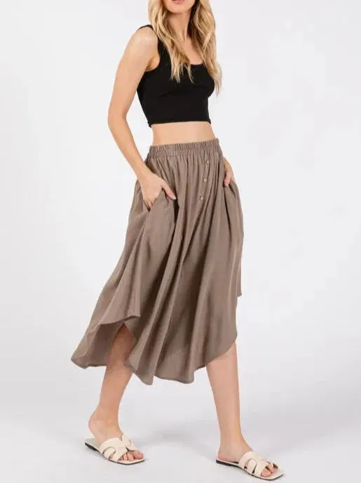 Alyssa Button Down Elastic Waist Midi Skirt (Assorted Colors)