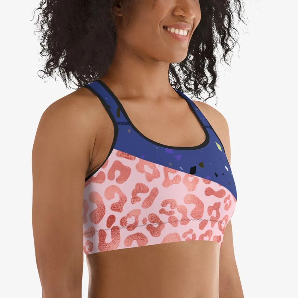 Animal Printed Sports Bra "Wild Confetti" Blue/ Rose Gold