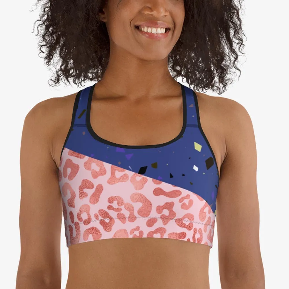 Animal Printed Sports Bra "Wild Confetti" Blue/ Rose Gold