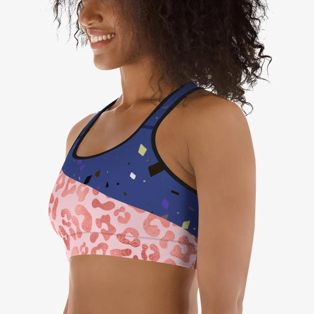 Animal Printed Sports Bra "Wild Confetti" Blue/ Rose Gold