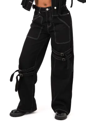 Black Contrast Stitch & Buckle Straight Leg Jeans