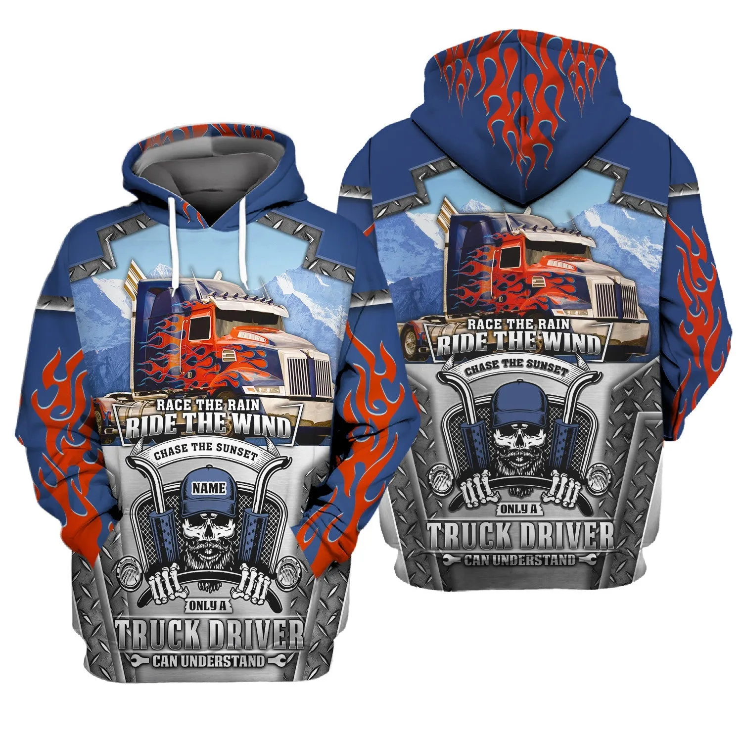 Blue & Red Fire Trucker 3D All Over Printed Hoodie, 3D Zipper Hoodie, Christmas Shirt for Trucker