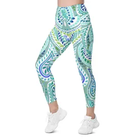 Blue and Green Paisley Leggings with Pockets