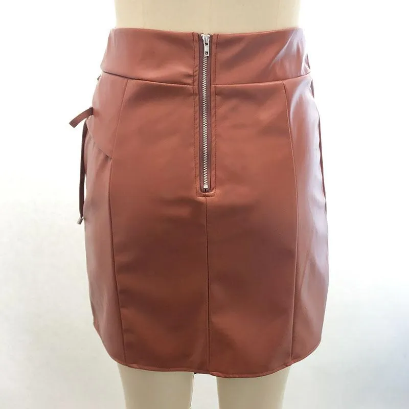 Brown lace up A-line girls short skirt PU leather mini skirt