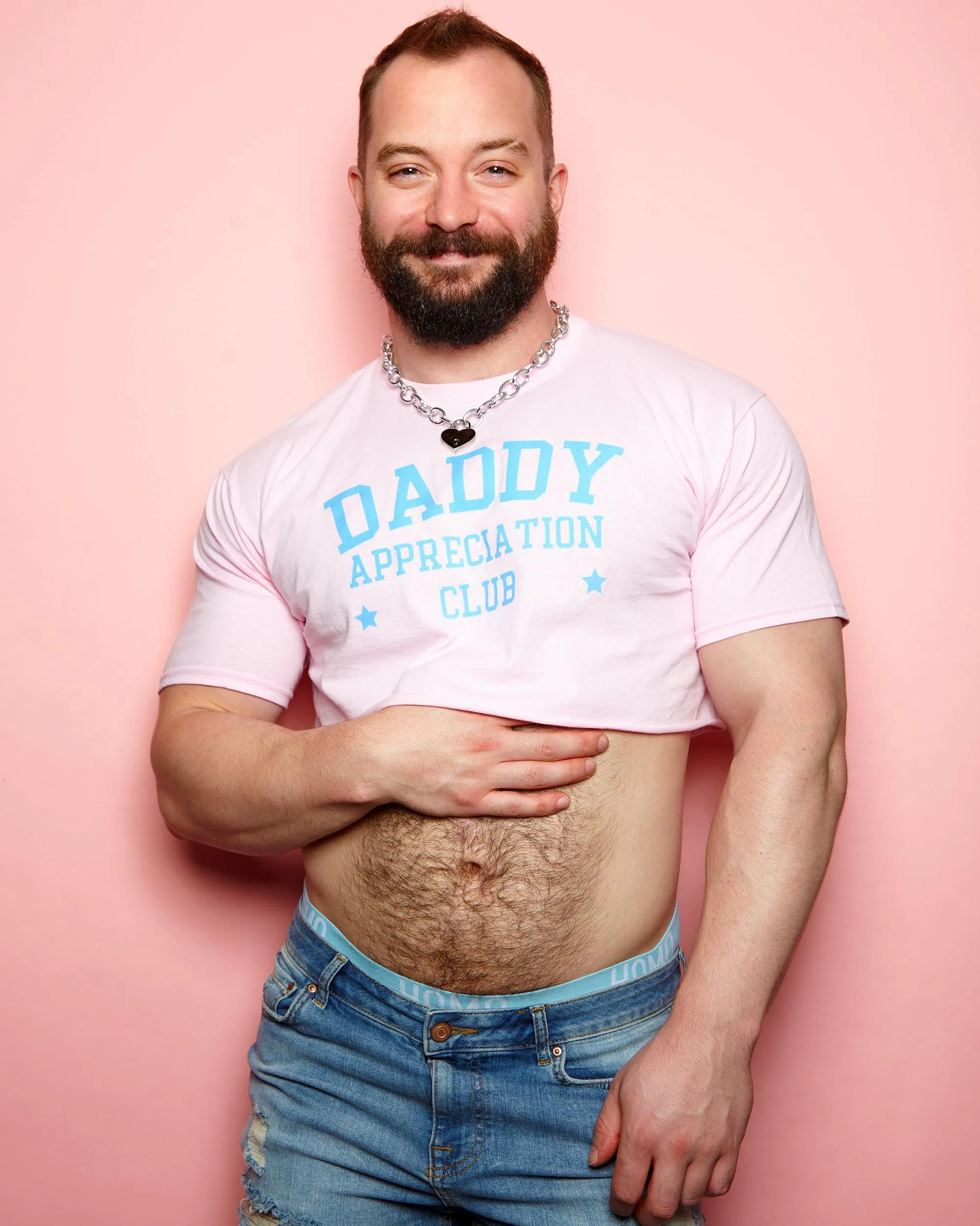 Daddy appreciation club, light blue flock on pink - mens crop top.