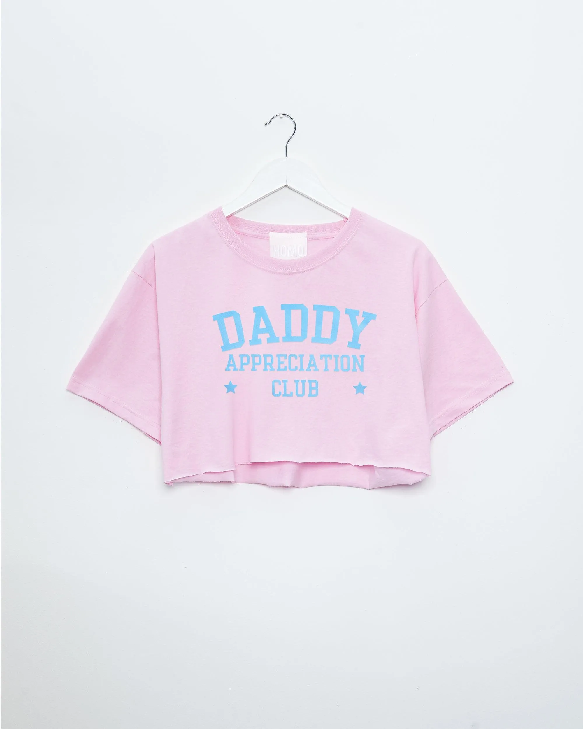 Daddy appreciation club, light blue flock on pink - mens crop top.