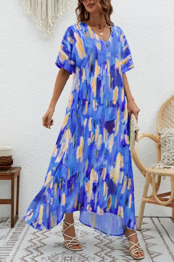 Elegant V-Neck Printed High Waist Loose Swing Dress