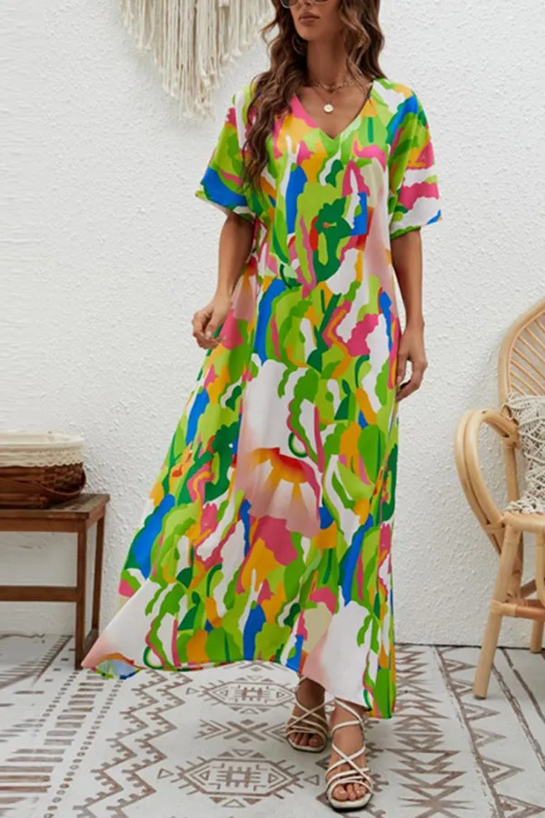 Elegant V-Neck Printed High Waist Loose Swing Dress