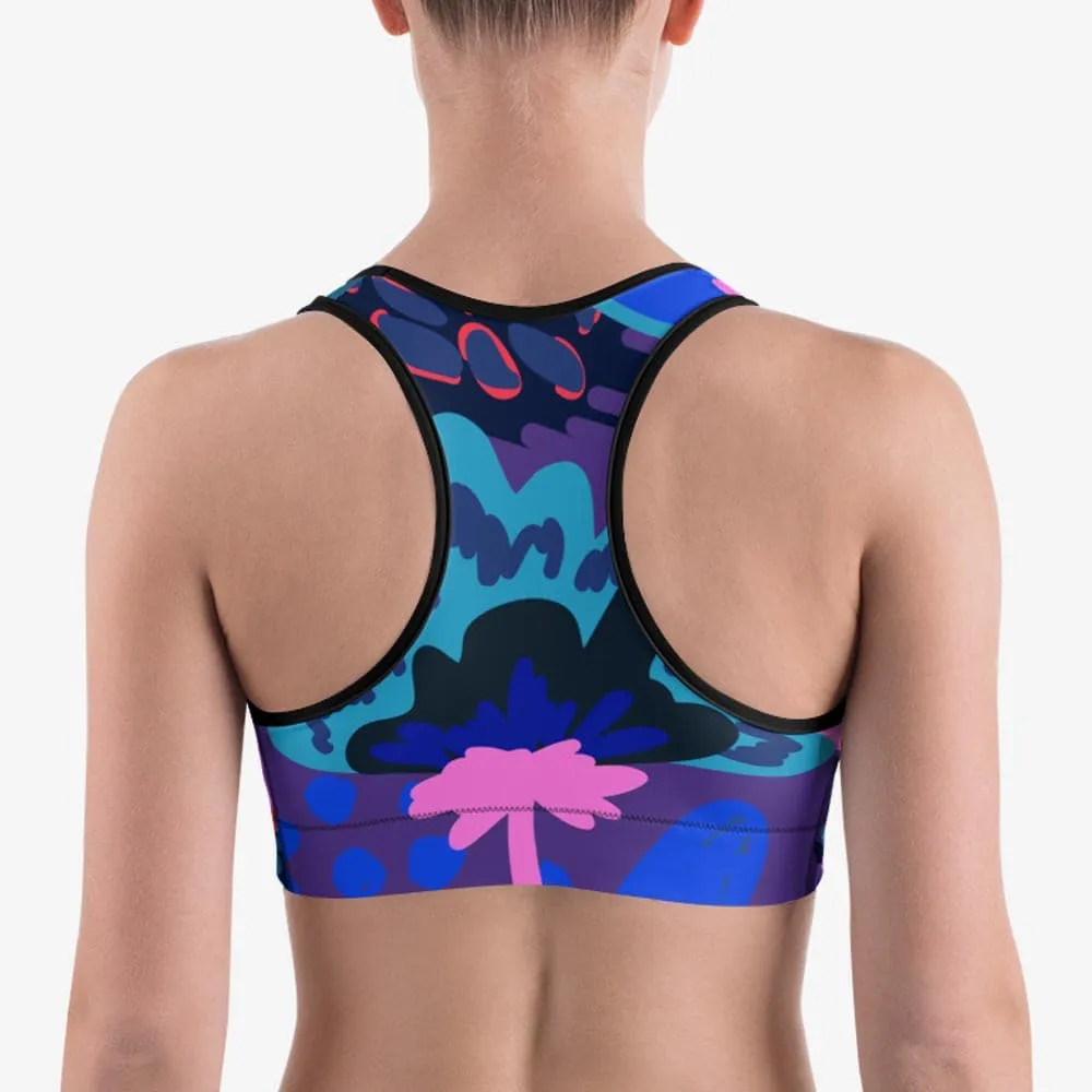 Floral Sports Bra "Flower Splash" Blue/Fuchsia