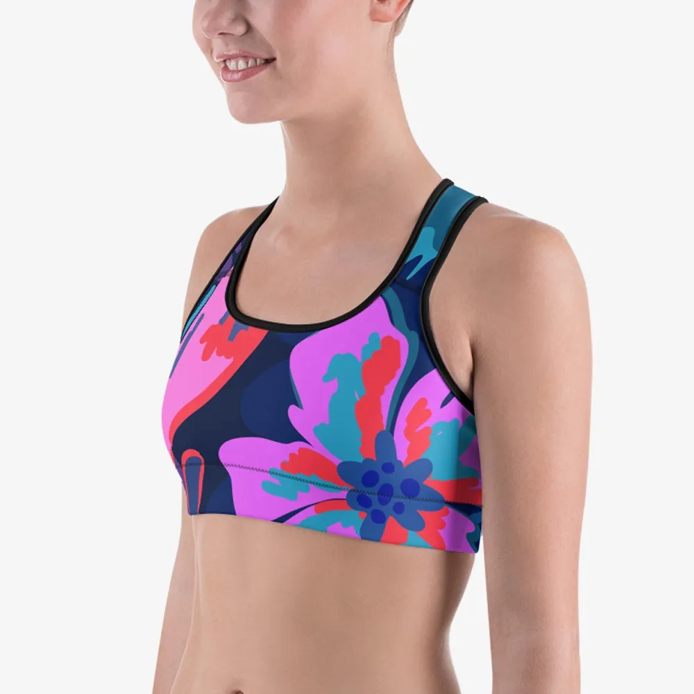 Floral Sports Bra "Flower Splash" Blue/Fuchsia