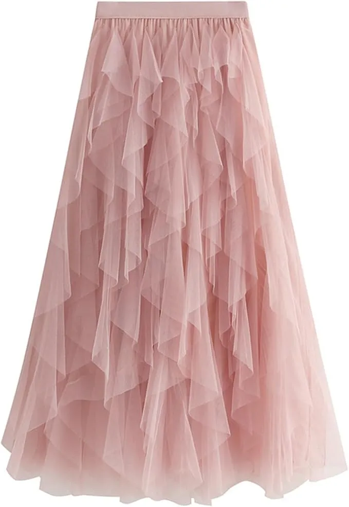 Florence Italian Midi Tulle Skirt A-line Elastic High Waist Irregular Layered Tiered Mesh Ballet Prom Wedding Party One Size Skirt