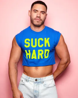 Fluorescent yellow flock suck hard - blue crop top