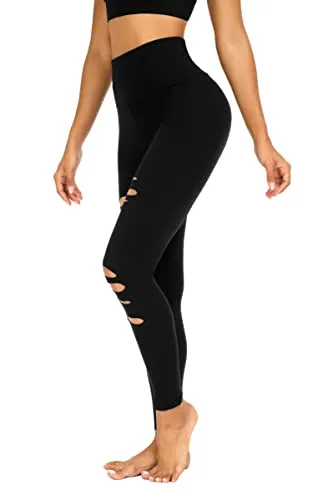 FULLSOFT Womens High Waist Yoga Pants Cutout Ripped Tummy Control Workout Running Yoga Skinny Leggings(Black(Fashion Ripped),Small-Medium)