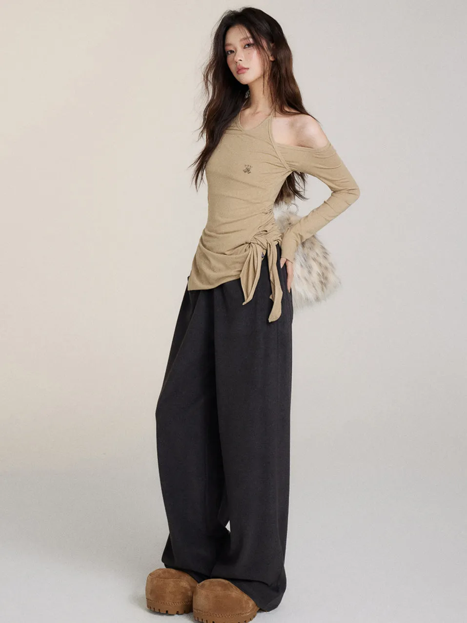 Fuzzy Big Pocket Straight-Leg Casual Pants