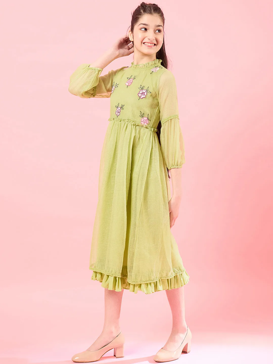 Girls High Neck Puff Sleeves Fit Flare Opaque Midi Casual Dress