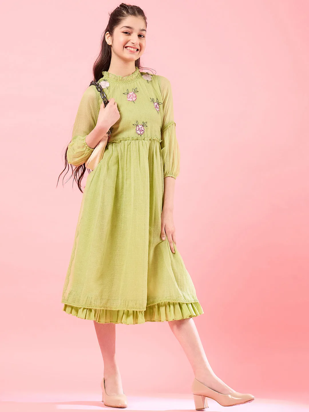 Girls High Neck Puff Sleeves Fit Flare Opaque Midi Casual Dress