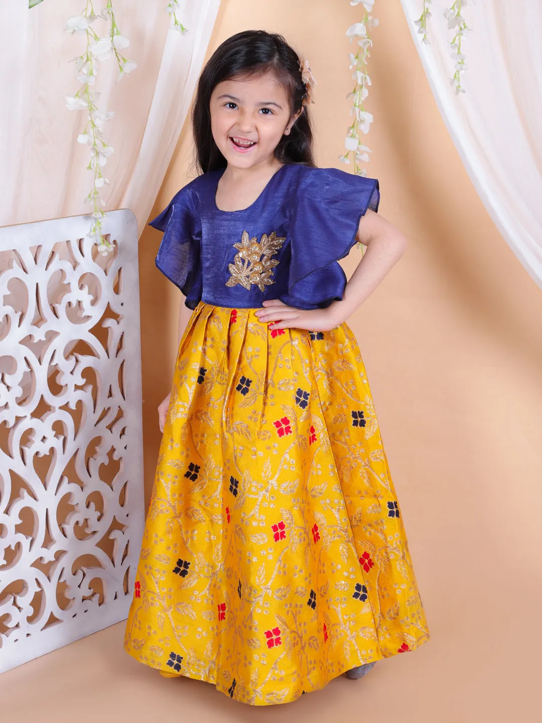 Girls Kids Wear Ruffle Sleeve Jacquard Party Gown- Yellow