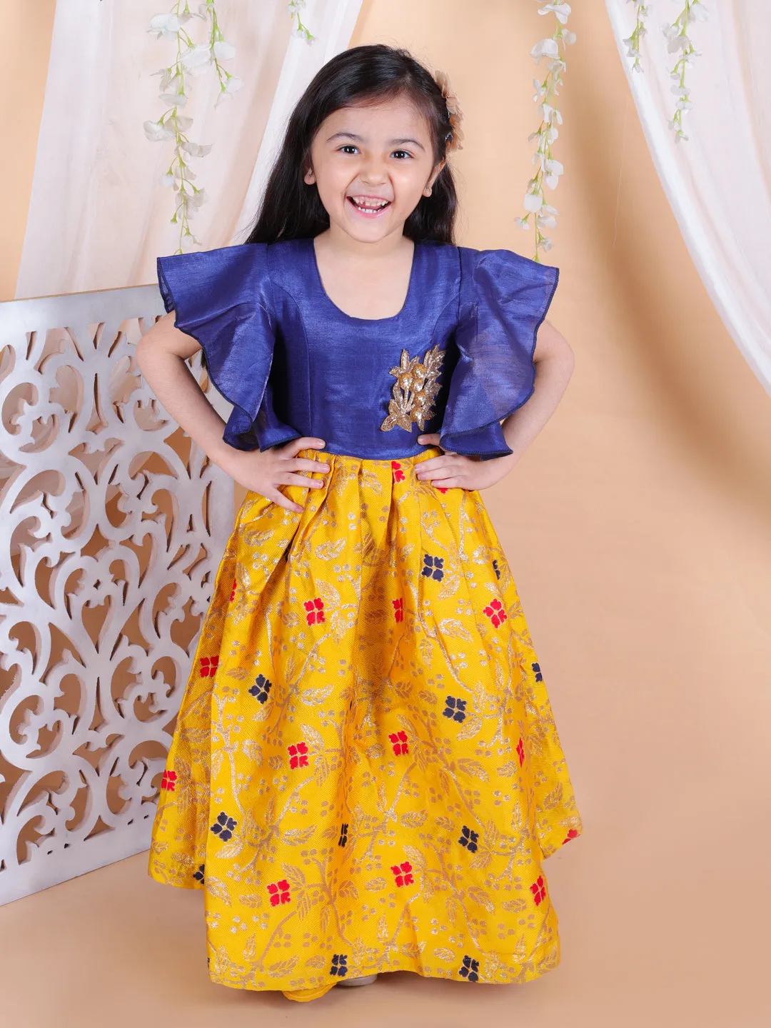 Girls Kids Wear Ruffle Sleeve Jacquard Party Gown- Yellow