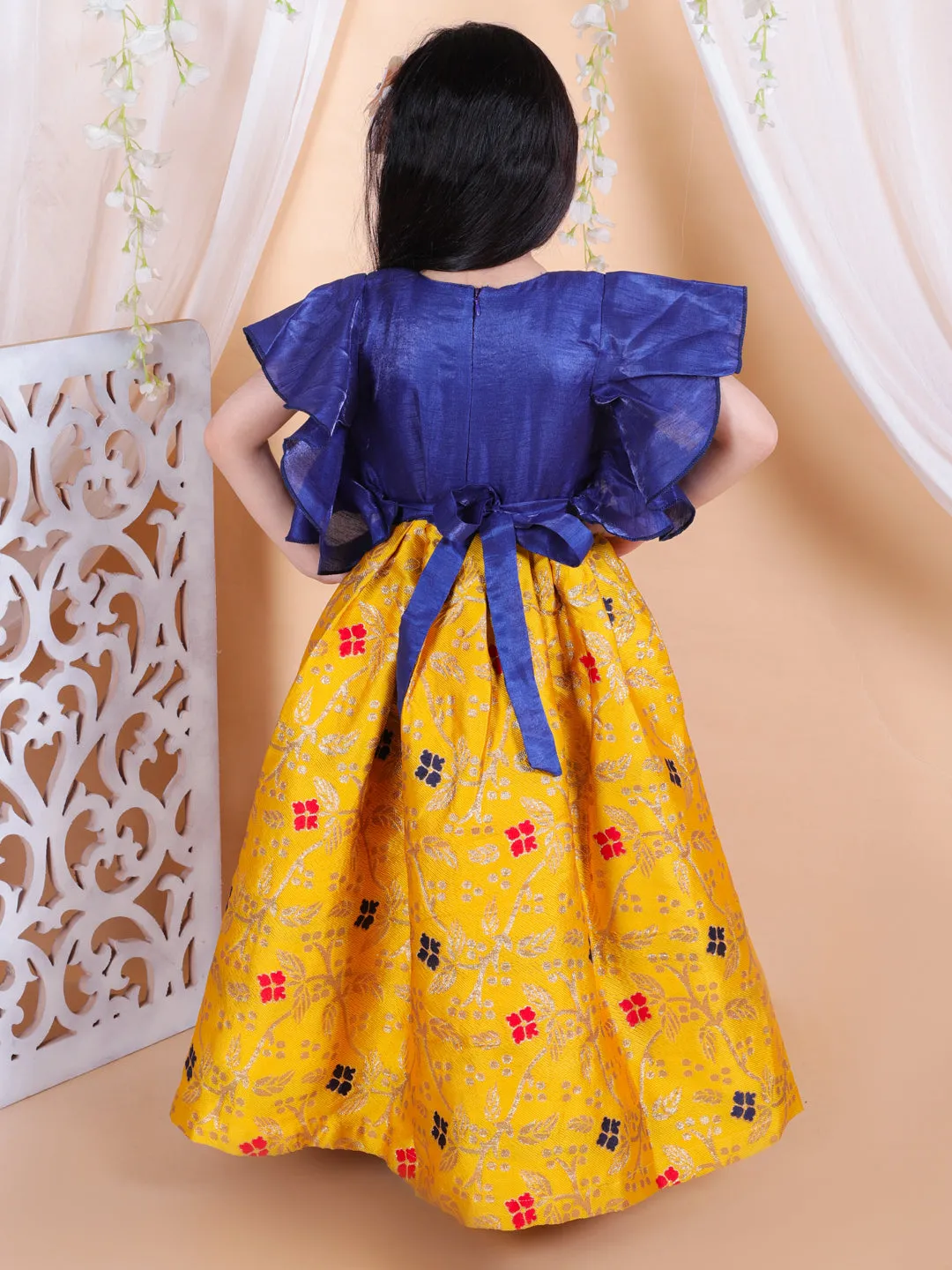 Girls Kids Wear Ruffle Sleeve Jacquard Party Gown- Yellow