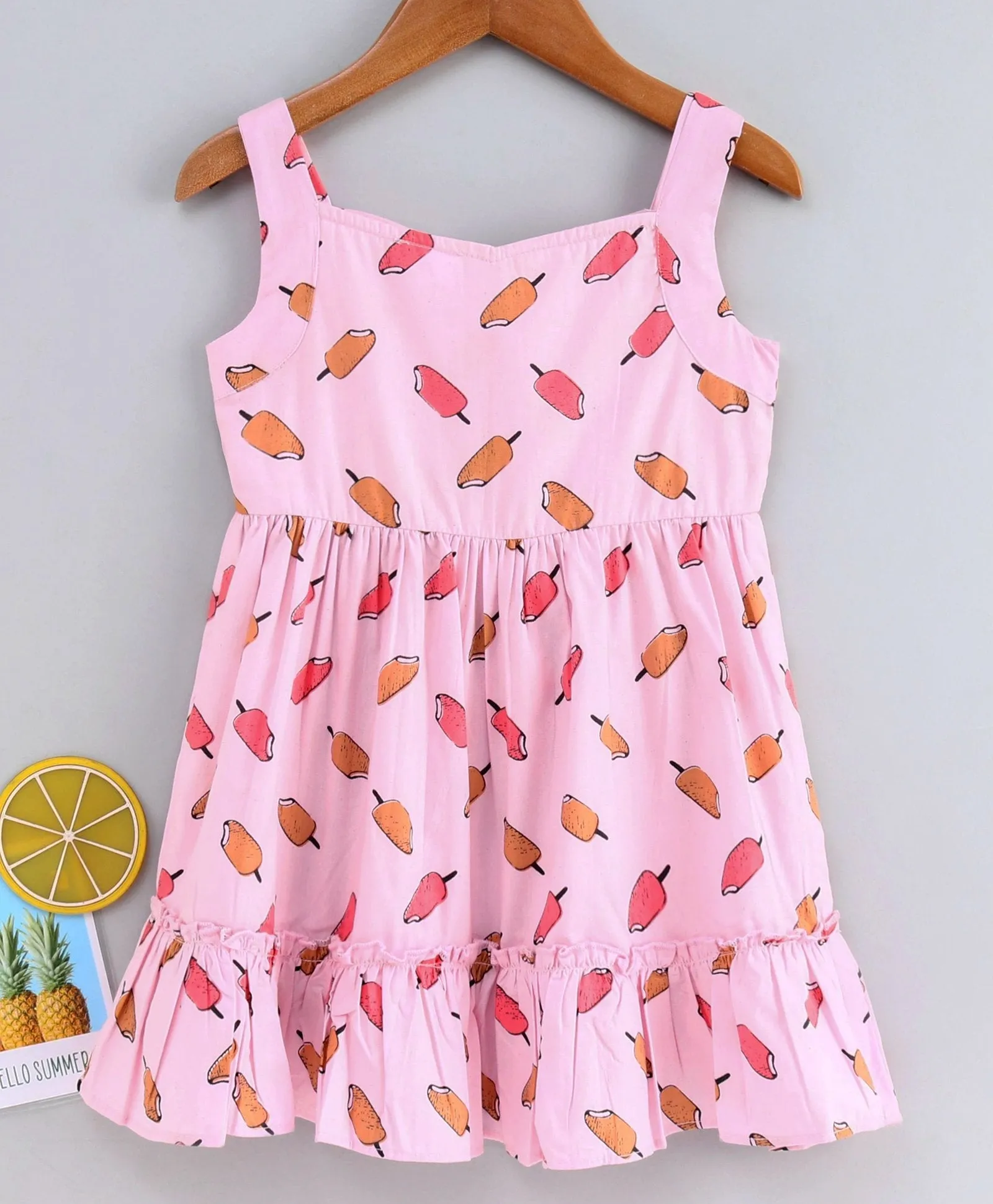 Girls Pink Beige Ice-Cream Print Cotton A-Line Dress With Tie-Up