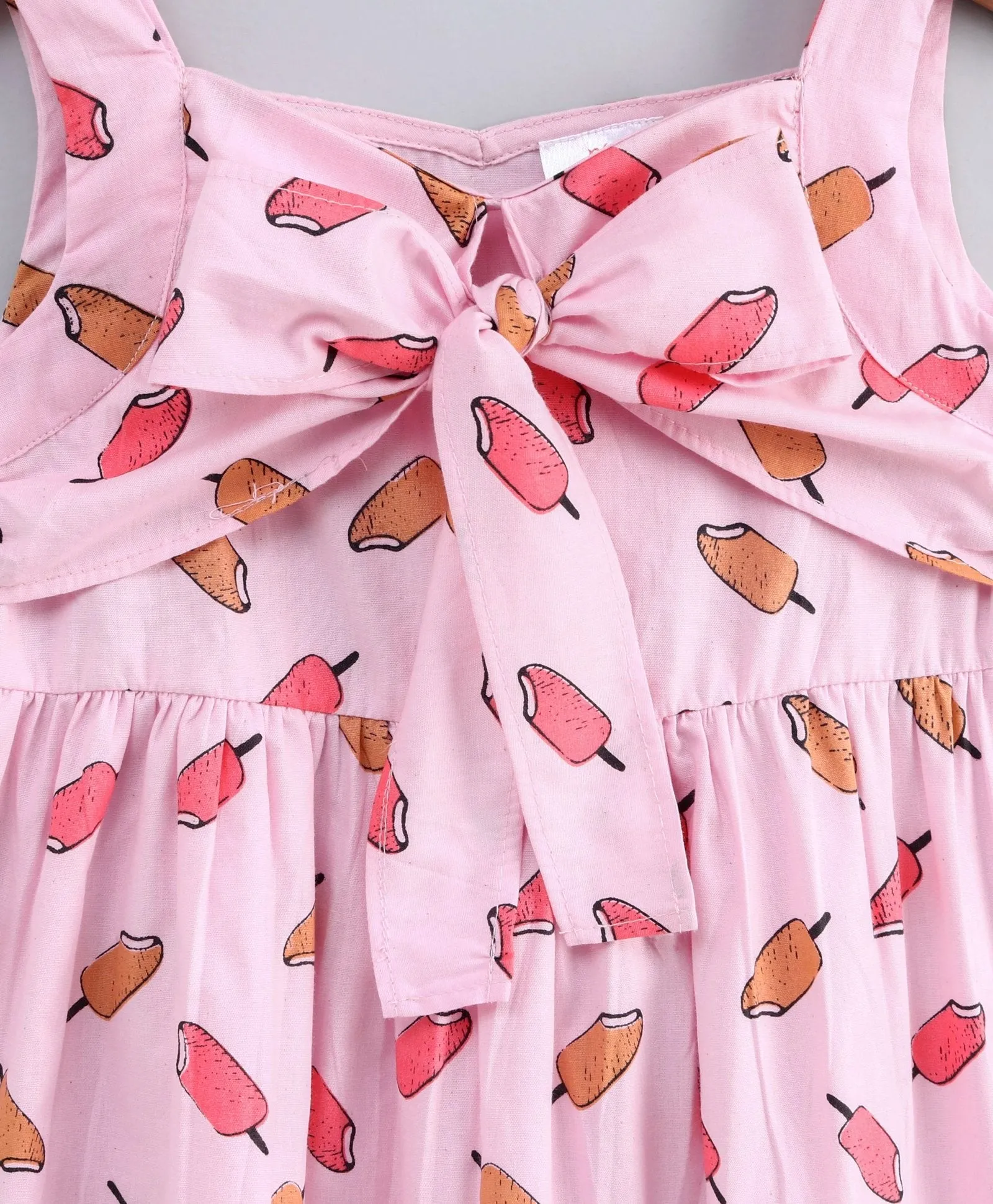 Girls Pink Beige Ice-Cream Print Cotton A-Line Dress With Tie-Up