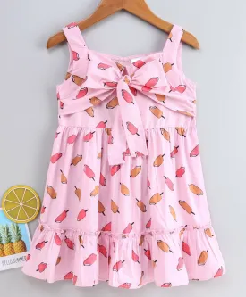 Girls Pink Beige Ice-Cream Print Cotton A-Line Dress With Tie-Up