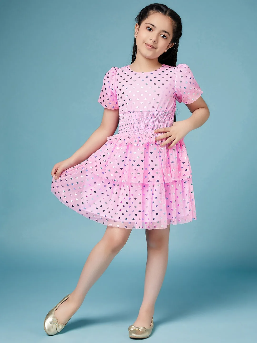 Girls Printed Smocked Puff Sleeve A-Line Dress