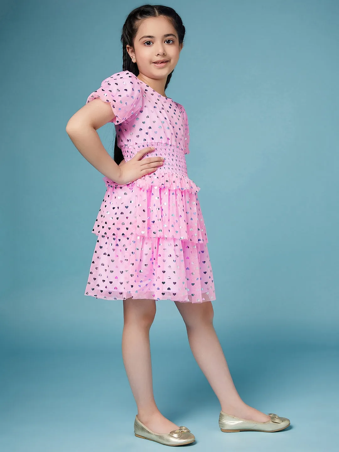 Girls Printed Smocked Puff Sleeve A-Line Dress