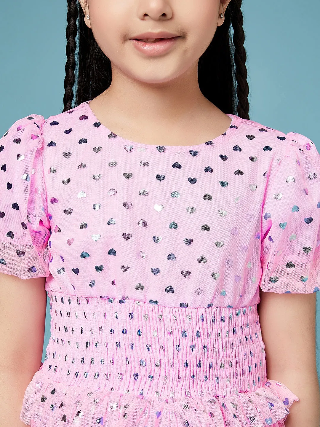 Girls Printed Smocked Puff Sleeve A-Line Dress