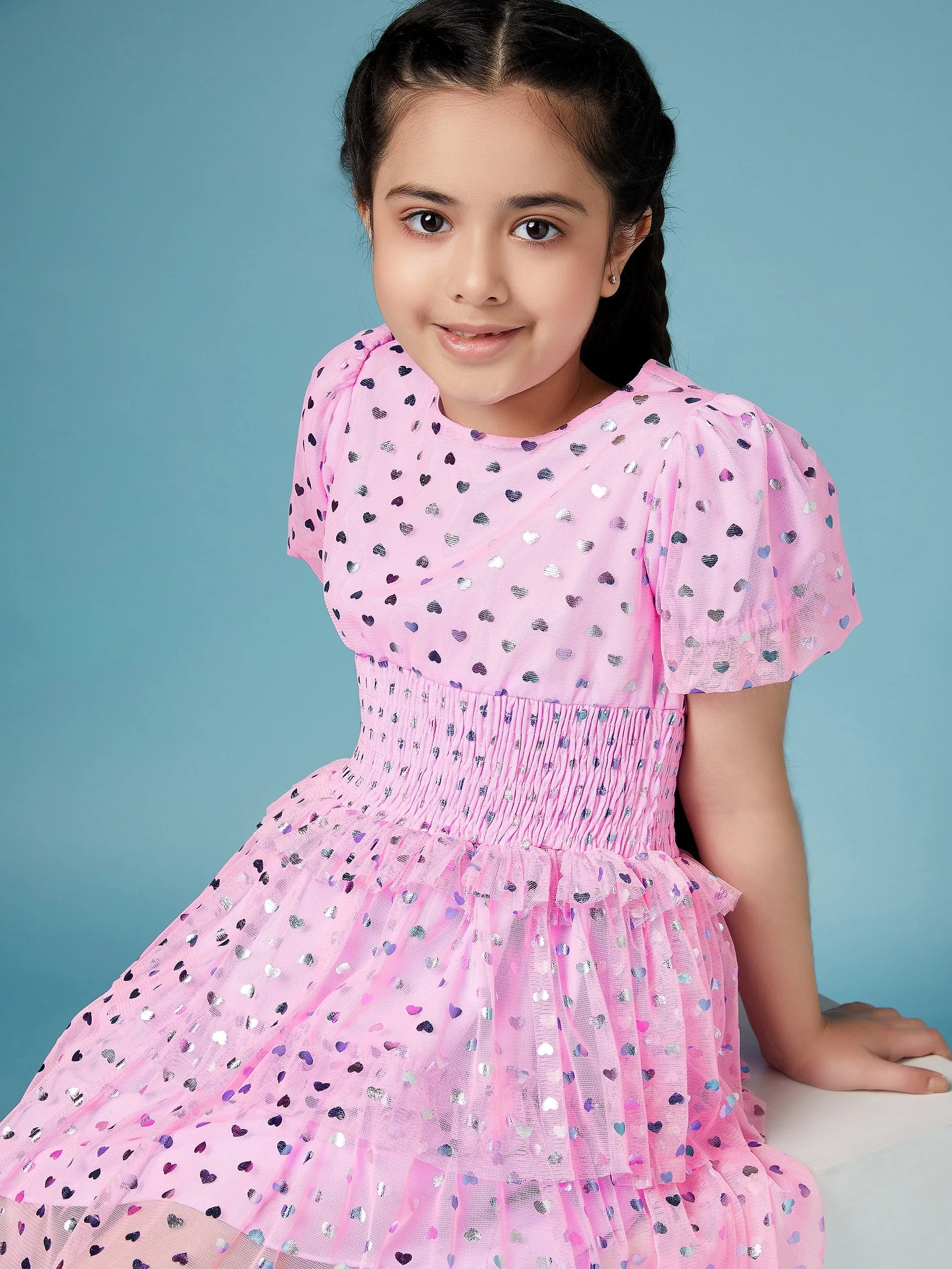 Girls Printed Smocked Puff Sleeve A-Line Dress