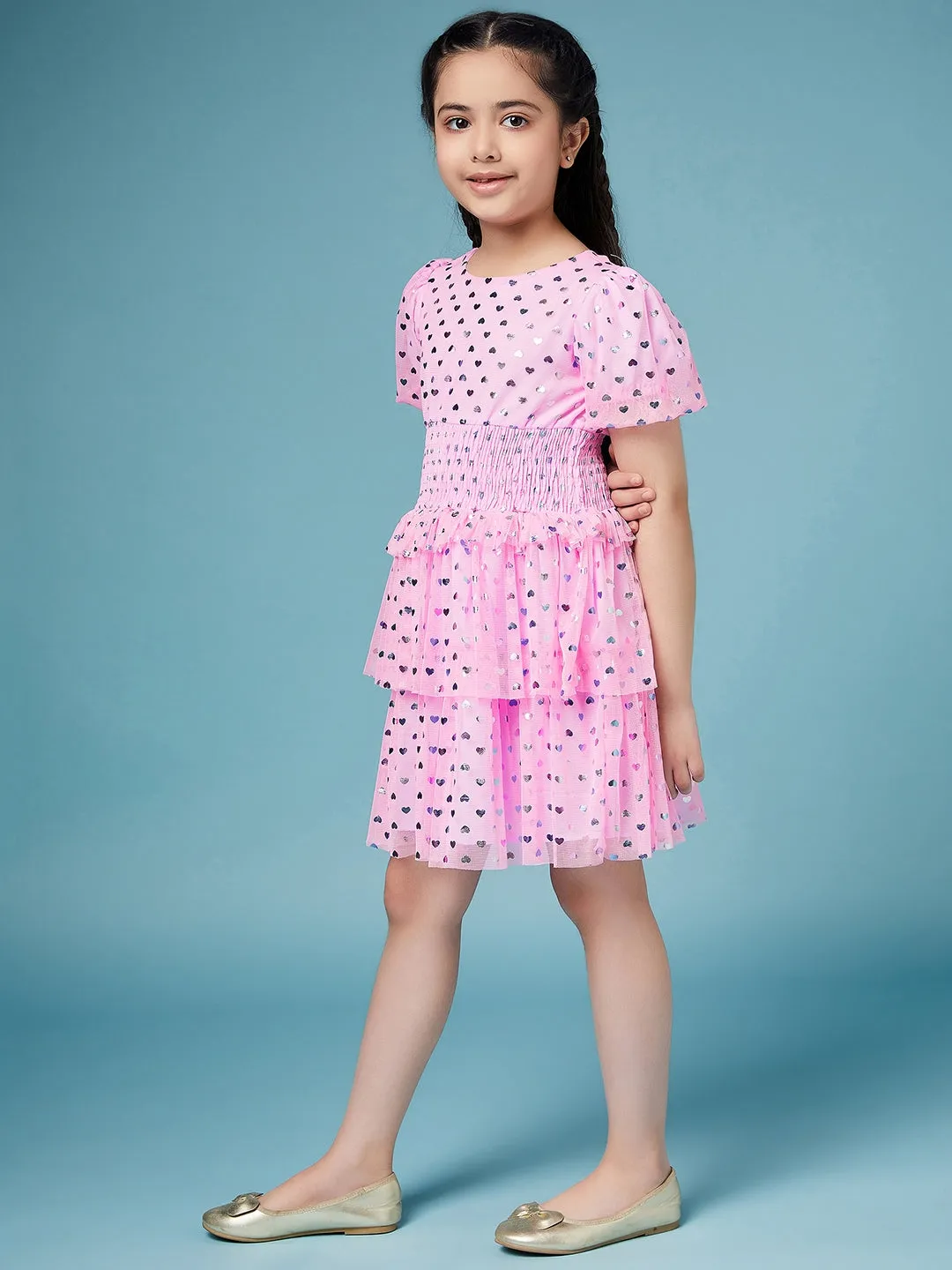 Girls Printed Smocked Puff Sleeve A-Line Dress