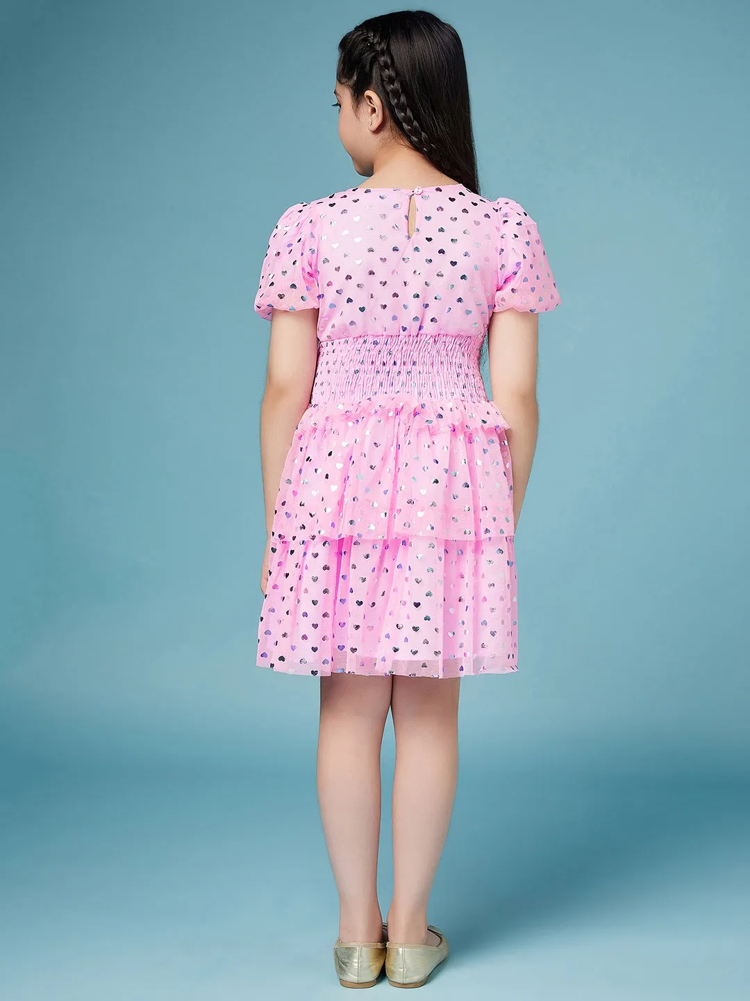 Girls Printed Smocked Puff Sleeve A-Line Dress