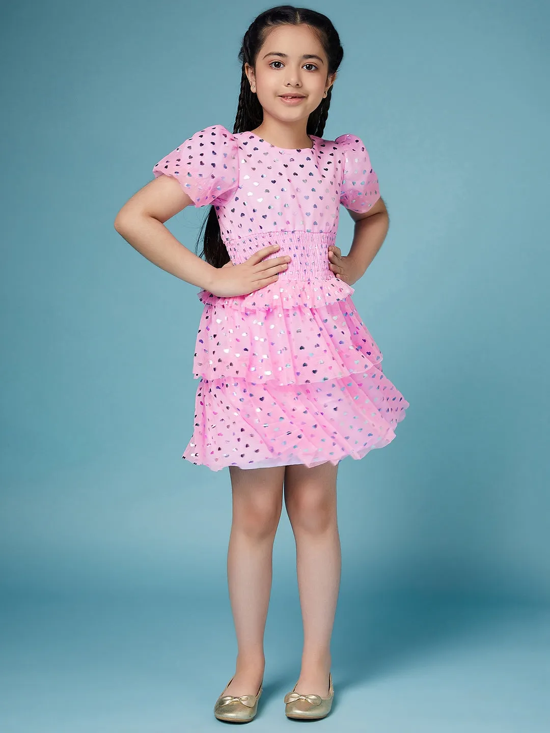 Girls Printed Smocked Puff Sleeve A-Line Dress