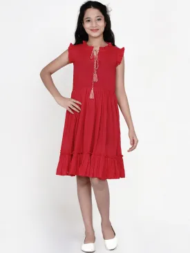 Girls Red Tie-Up Neck Dress