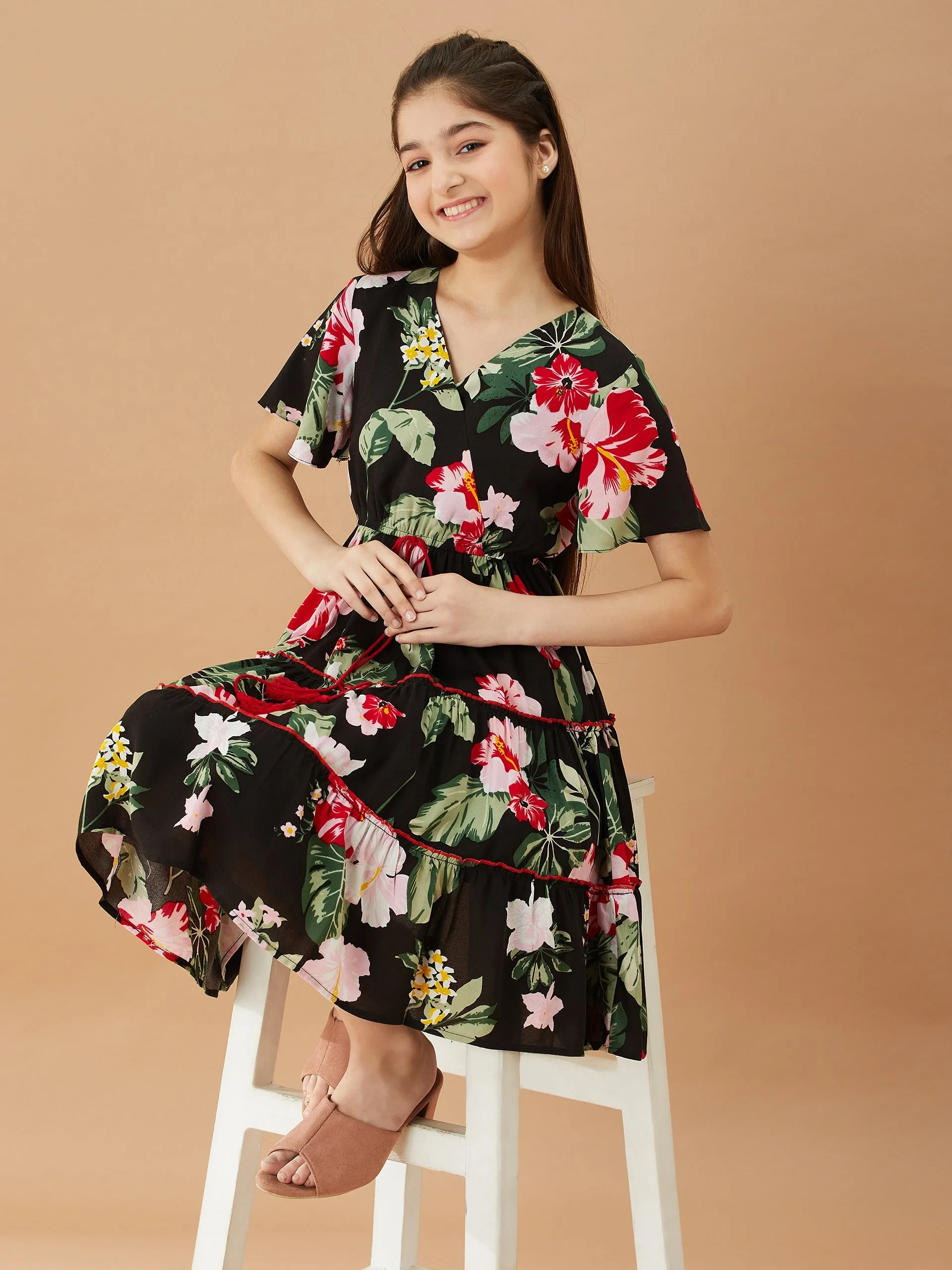 Girls V-Neck Tropical Cotton Dress