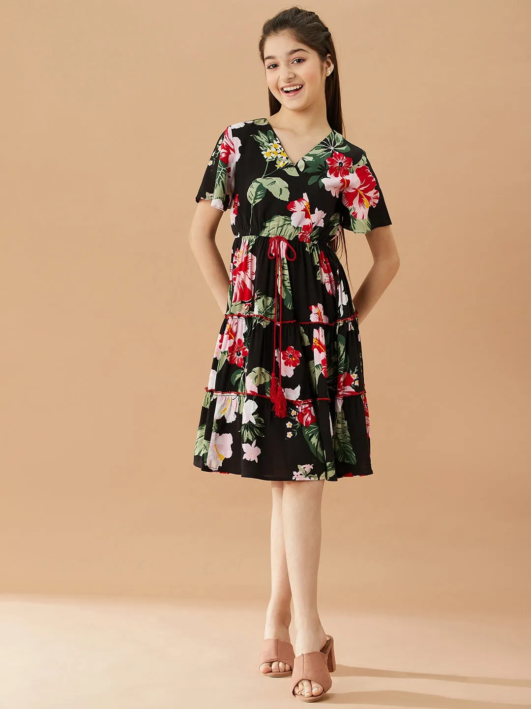 Girls V-Neck Tropical Cotton Dress