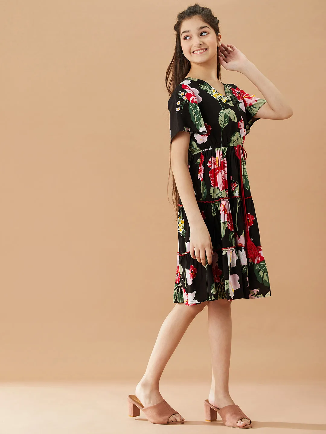 Girls V-Neck Tropical Cotton Dress