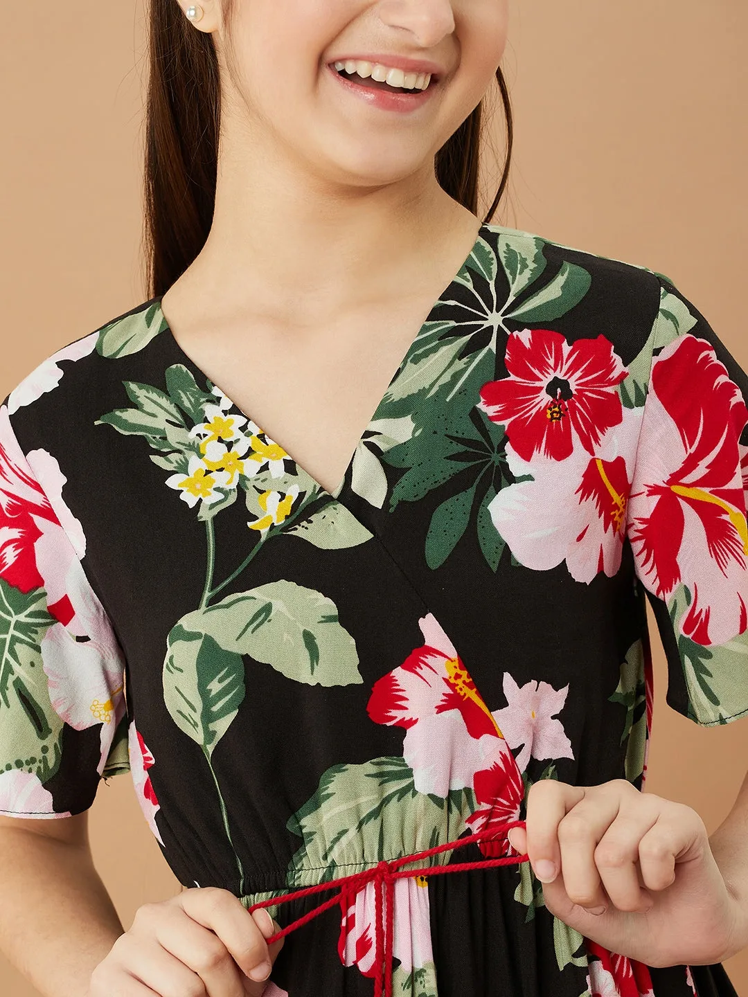 Girls V-Neck Tropical Cotton Dress