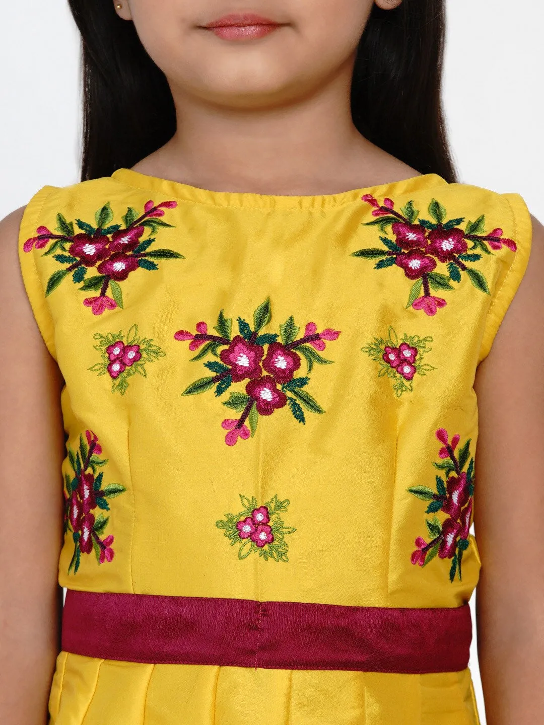 Girls Yellow Embroidered Fit And Flare Dress