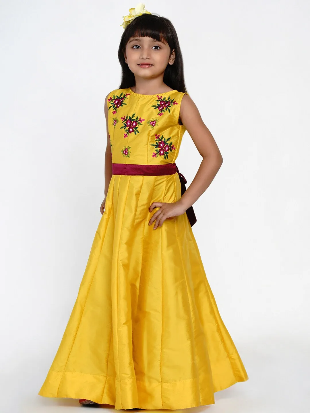 Girls Yellow Embroidered Fit And Flare Dress